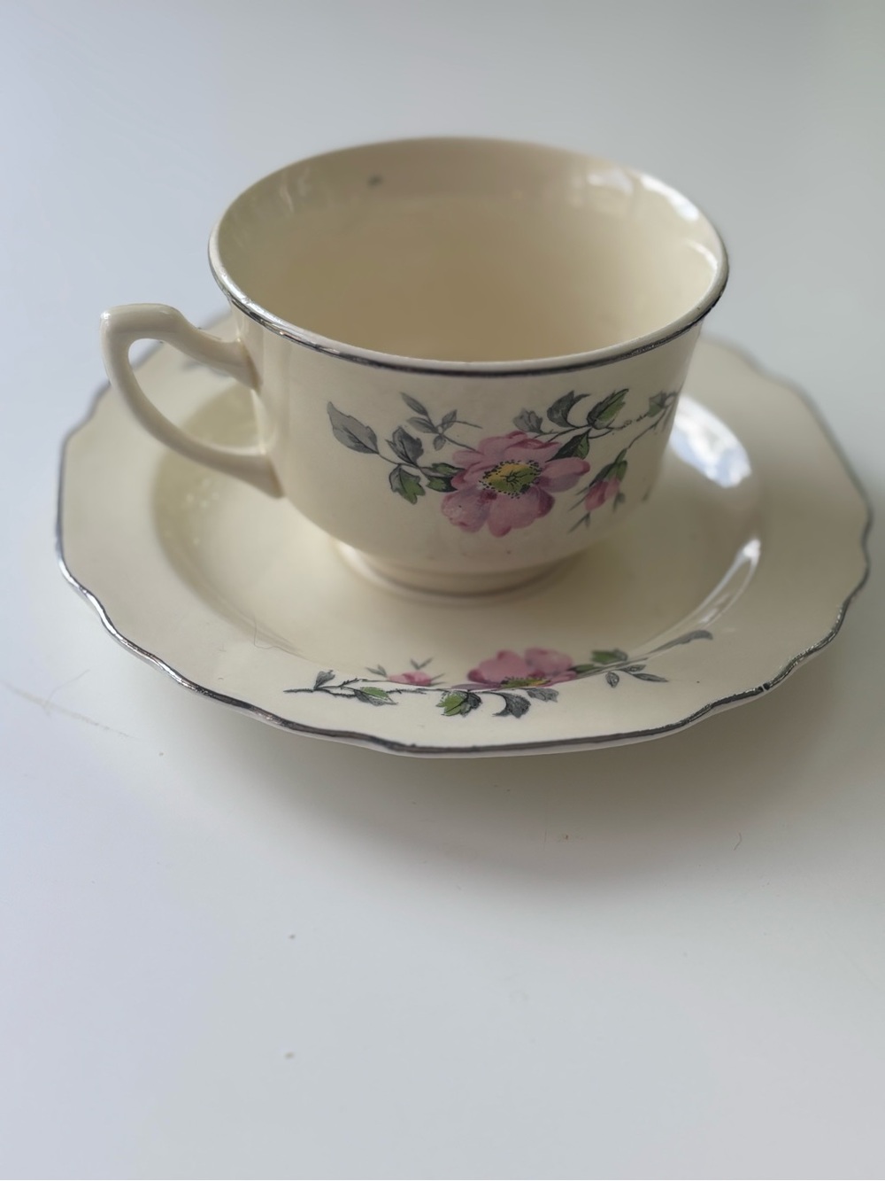 Vintage W.S. George Cream Floral Teacup and Saucer Set with Pink Rose Motif